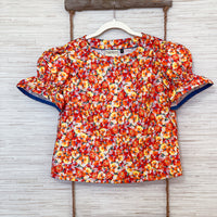 Orange Red Floral Puff Sleeve Blouse