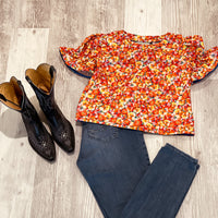 Orange red floral puff Sleeve Top Paired with Jeans and Boots