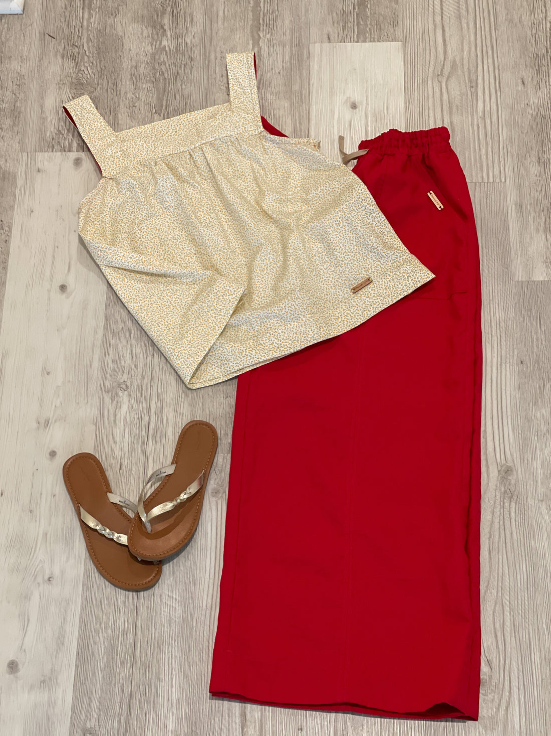 Flowy Wide Leg red linen palazzo Pants Paried with yellow floral Babydoll Tank Top and Sandals